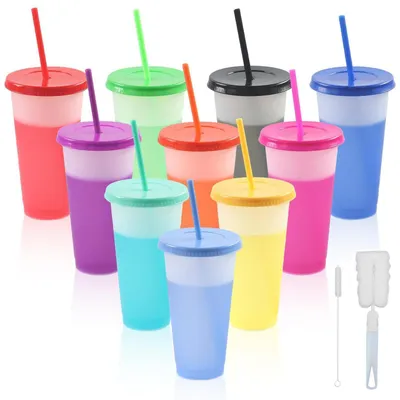 Immagine prodotto di Set di 10 bicchieri termocromici da 710 ml, con coperchio e cannuccia, riutilizzabili
