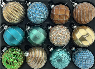12 Glaskugeln Ø 8 cm, Weihnachtsbaumschmuck, Sortiment J