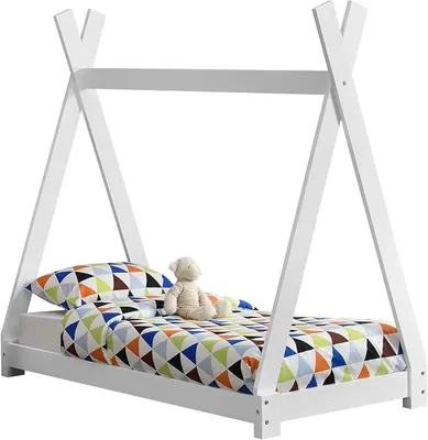 Produktbild von Kinderbett Onejda in Tipi-Design Bodenbett Jugendbett aus Kiefernholz Weiß 70 x 140 cm