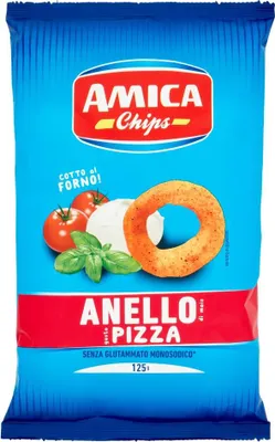 Produktbild von 15x Amica Chips Anello Pizza Mais-Snacks mit Pizzageschmack Salziger Snack 125g Beutel