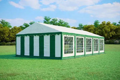 Produktbild von Gartenparty-Zelt 5x10m - PVC Standard Feuerfest - Grün und Weiß