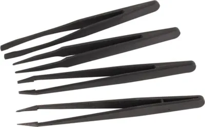 Produktbild von Velleman Set aus 4 nicht leitfähigen Pinzetten, für sichere Präzisionsarbeit, schwarz