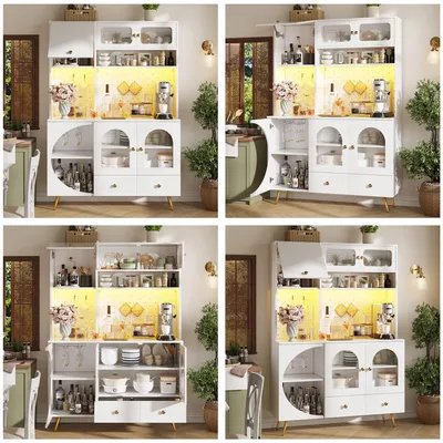 Produktbild von XL-Hochschrank (Weiß) mit App-LED & integrierter Steckdosenleiste, Modernes Küchenbuffet mit Lochwand, Glasböden & Weinregal, Sideboard mit USB & Soft-Close
