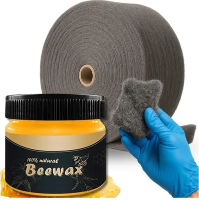Produktbild von BeeWax Möbelwachs Set mit 1 kg Stahlwolle 0+00 & Nitrilhandschuhen Holzpflege & Möbelpolitur Natürliches Bienenwachs für Holz Parkett Möbel Türen
