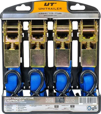 Obrázek produktu pro Sada 4 upínacích popruhů UNITRAILER s ráčnou, 4 m, 25 mm, 0,68 t, modré, upínací popruhy pro přívěsy a volný čas