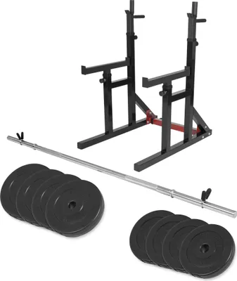 Produktbild von GORILLA SPORTS® Squat Rack - mit 30 kg Langhantel Set, bis 300 kg belastbar, Höhenverstellbar, mit Dip-Griffen - Langhantelablage, Langhantelständer, Hantelständer, Multifunktional Kniebeugenständer