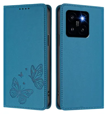 Produktbild von Lederhülle für Xiaomi 14 Pro, Schmetterling Prägung Leder Brieftasche Schutzhülle mit Ständer Blau