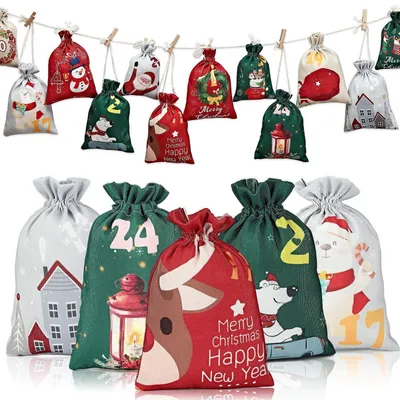 Immagine prodotto di Calendario dell'Avvento da riempire, 24 sacchetti con numeri, calendario di Natale fai-da-te in tessuto