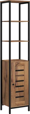 Image de kleankin Meuble colonne de salle de bain, armoire de toilette haute, design industriel, avec 3 étagères ouvertes, porte à lamelles et étagères réglables, marron rustique