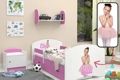 A child's bedroom with a bed, nightstand, and decorations. A phone screen shows a picture of a girl in a ballet outfit.