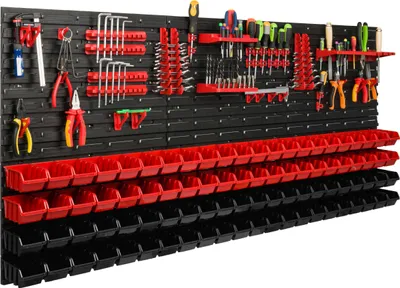 Zdjęcie produktu dla System magazynowy Regał warsztatowy | 172 x 78 cm | 88 szt. Pudełko | Regał ścienny z uchwytami na narzędzia i pojemnikami do układania w stosy - Płyty ścienne Bardzo wytrzymały regał z przegródkami Ściana perforowana Regał magazynowy Regał garażowy
