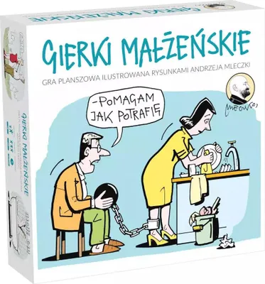 The image shows the front of a board game box with a cartoon illustration depicting a couple in a humorous, stereotypical domestic scene.