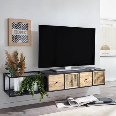 Produktbild von Massive TV-Board Kommode 150cm hängend Mango Massivholz Wiener Geflecht Rattan TV Lowboard