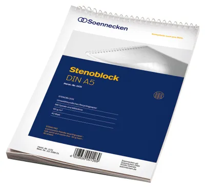 Produktbild von Stenoblock 1131 DIN A5 mit Mittellinie 40 Blatt weiß Packung mit 10 Stück