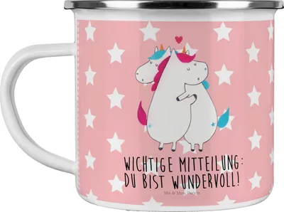 Produktbild von Mr. & Mrs. Panda Emaille Tasse Einhorn Mitteilung - Rot Pastell - Geschenk, Valentinstag, Lustig, Unicorn, Campingbecher, Einhörner, Spruch, Emailletasse, Becher, Pott