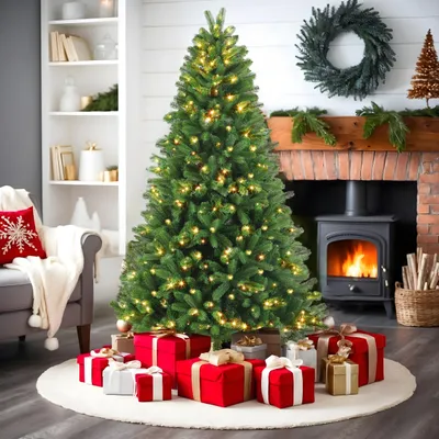 A decorated Christmas tree with presents underneath, in a cozy living room setting with a fireplace and a bookshelf.