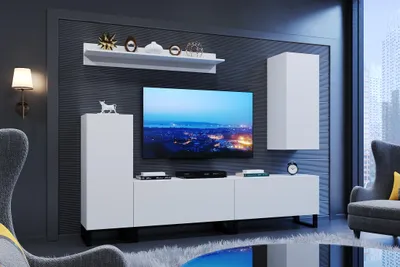 Produktbild von Furnitech Wohnwand Wohnzimmer, Möbel, Hängend Wohnwand Modern, Schrankwand mit Regale, TV Schrank 219 cm, Weiß Matt M32-24M-W2