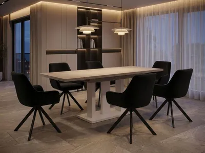 Produktbild von ENDO-Möbel Essgruppe "Appia White" - Esstisch ausziehbar 130-210cm in Kaschmir Beige für 6 Personen mit Stühlen in Schwarz-Samt