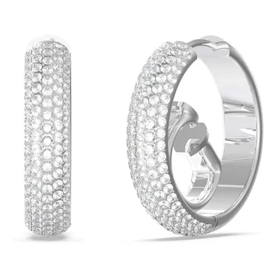 Two silver hoop earrings encrusted with white stones, displayed against a white background.