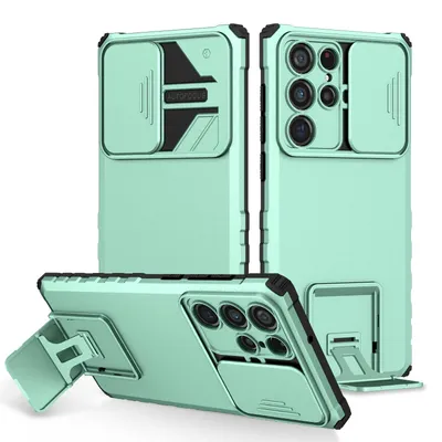 Produktbild von Galaxy S22 Ultra 5G Hülle, Dual Layer Ständer Schutzhülle mit Schiebe Kamera Schutz für Samsung Galaxy S22 Ultra 5G Türkis