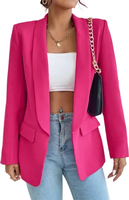 Produktbild von ASKSA Damen Blazer Revers Einfarbig Casual Cardigan Langarm Elegant Business Anzuege Jacke mit Tasche, Rosenrot, L