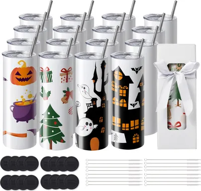 Produktbild von SucceBuy 16er-Pack gerade Sublimationsbecher, 20 oz, Edelstahl, personalisierbar mit Zubehör und Geschenkbox