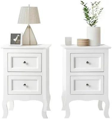 Imagen del producto de Juego de dos mesitas de noche, mesa auxiliar para la cama, con dos cajones, color blanco