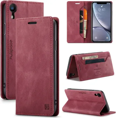 Produktbild von iPhone XR Brieftasche Hülle, Retro Kunstledertasche Stand Schutzhülle für iPhone XR Rot