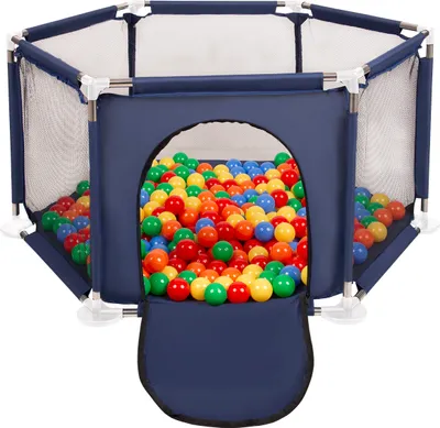 Produktbild von Selonis sechseckiger laufstall mit 100 bälle laufgitter für kinder, blau:gelb/grün/blau/rot/orange