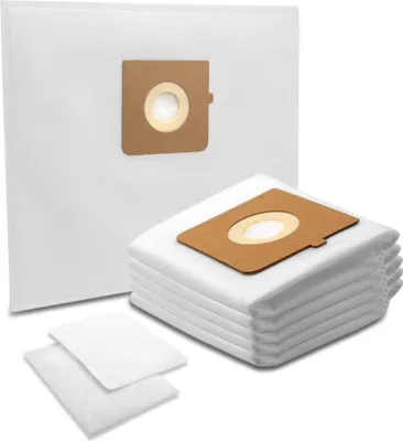A stack of white vacuum cleaner bags with brown cardboard inserts and two loose white filters are arranged on a white background.