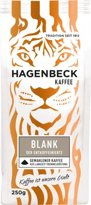 Produktbild von HAGENBECK - Kaffee - Blank Entkoffeiniert - Röstkaffee - Kaffeebohnen gemahlen - 250g - 100% Arabica - AROMATISCH - MILD - SÄUREARM - ENTKOFFEINIERT