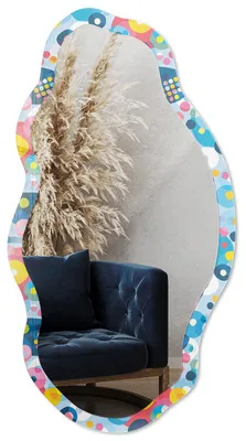 Produktbild von Dekorativer Wandspiegel mit Print, organische asymmetrische Form, 90x45 cm, moderner Designspiegel für Wohnzimmer, Flur und Schlafzimmer - Abstrakte Blasen, KI-generiertes Bild