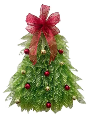 Grünes Mesh-Weihnachtsbaum-Dekor mit roter Schleife oben und roten und goldenen Kugeln