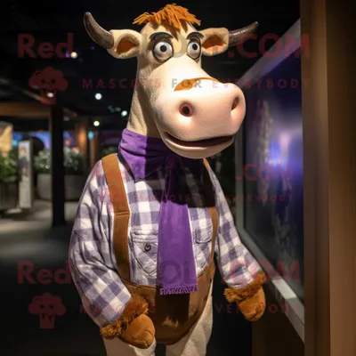 Produktbild von Lavendel-Guernsey-Kuh REDBROKOLY Maskottchen kostüm gekleidet mit einem Flanellhemd und Anstecknadeln