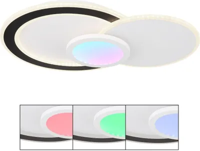 Produktbild von Globo Lighting Deckenleuchte Metall weiß matt, Metall schwarz matt, Acryl opal, dimmbar, mehrere Stufen über Wandschalter, Farben fixierbar, RGB Farbwechsler, RGB Farben fixierbar, Memoryfunktion, Dreh-/Schwenkbar, Fernbedienung, Batterie inkludiert 2x AAA, LxBxH: 575x400x85mm, inkl. LED 40W 230V, 450-4500lm Source, 230-2300lm Output, CCT 3000-6500K, inkl. RGB LED 5W 230V