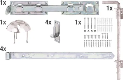 A collection of metal hardware components for a gate or fence, including a bolt, hinges, and screws, laid out on a white background.
