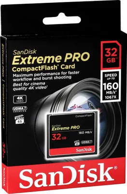 Obrázek produktu pro SanDisk 32GB Extreme Pro CF 160MB/s, 32 GB, CompactFlash (CF), 160 MB/s, 150 MB/s, Vícebarevný