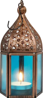 Produktbild von Orientalische Laterne aus Metall & Glas Meena blau 16cm | orientalisches Windlicht | Marokkanische Glaslaterne für innen | Marokkanisches Gartenwindlicht für draußen als Gartenlaterne