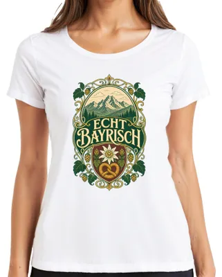 Immagine prodotto di Vero stile bavarese: Alpi, montagne, edelweiss, brezel, luppolo, lederhosen, dirndl, maglietta da donna, bianca, taglia M
