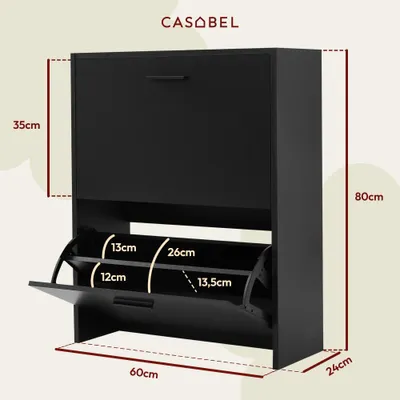 Produktbild von CASABEL Schuhschrank Schmal für 12 Paar Schuhe, Modernes Schuregal Holz mit 2 Klappen, Platzsparender Organizer für Flur und Diele, L60xT24xH80 cm, Schwarz