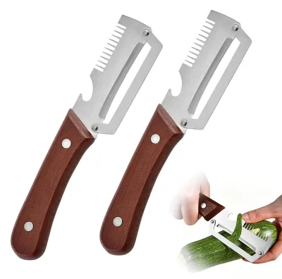 Productafbeelding van Groenteschiller set van 2 stuks - Multifunctioneel met roestvrijstalen mes en massief houten handvat - Keukenaccessoire met flessenopener en uienrasp - 2 stuks