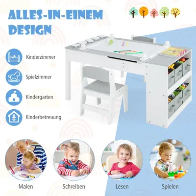 Immagine prodotto di Tavolo per bambini - Scrivania per bambini - Tavolo da gioco - Tavolo per attività creative - Cavalletto per dipingere - Set di sedute in legno 3 in 1