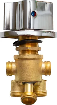 A close-up studio shot of a water mixing valve.