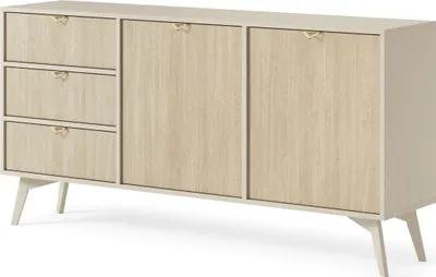 Produktbild von BETTSO Kommode zweitürige mit 3 Schubladen Goldene Griffe FIRR KSZ158 Sandbeige + Skandi Fischgrätmuster