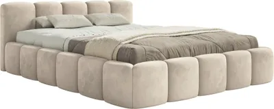A low-profile upholstered bed with a tufted headboard and base, shown against a white background.