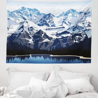 Produktbild von ABAKUHAUS Landschaft Wandteppich, Berg mit Schnee Blick aus Weiches Mikrofaser Stoff Waschbar ohne Verblassen Digitaldruck, 150 x 110 cm, Dunkelblau Blau grau Grau