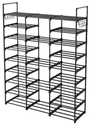 Produktbild von Metall Schuhregal - Freistehender Schuhständer - 9 Ebenen - für 50–65 Paar Schuhe - mit Haken - 127 x 30 x 58 cm - schwarz