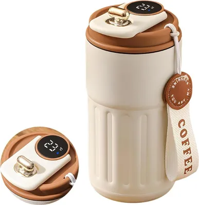 Produktbild von Digitální termohrnek z nerezové oceli s LED displejem, Hrnek na kávu, Digitální termoska na čaj, Termohrnky, 450 ml - SMARTSIP