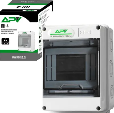 A product shot of an electrical distribution box and its packaging.