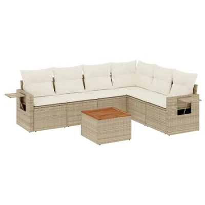 Produktbild von 7-tlg. Garten-Lounge-Set, modulares Sofa-Set mit Stauraum, wasserabweisenden Kissen, Akazienholz-Tischplatte, Poly Rattan Beige